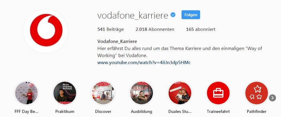 Instagram-Karriere-Konto von Vodafone als Employer-Branding-Beispiel